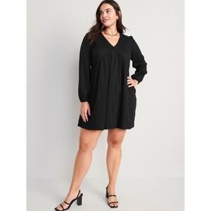 Old Navy Babydoll Mini Dress Black Clip Dot Long Sleeve Tall Medium‎ Casual